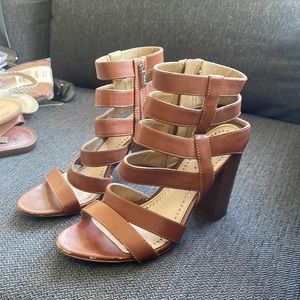 Sam Edelman Circus Tan Cognac Leather Strappy Block Heels - Size 8